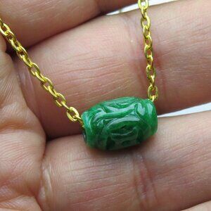 14k Jade Oval Barrel Carved Bead Chain Slide Pendant